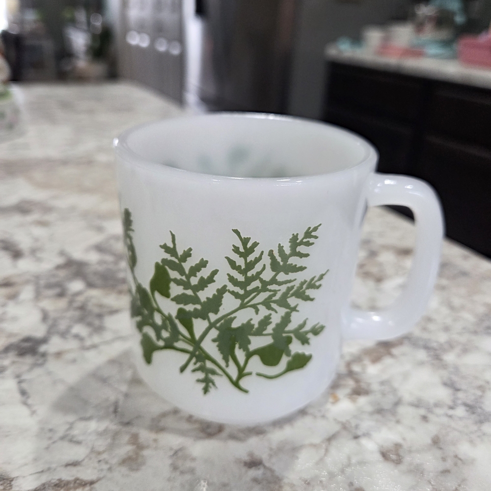 Vintage Glassbake Milk Glass Green Fern Design Mug